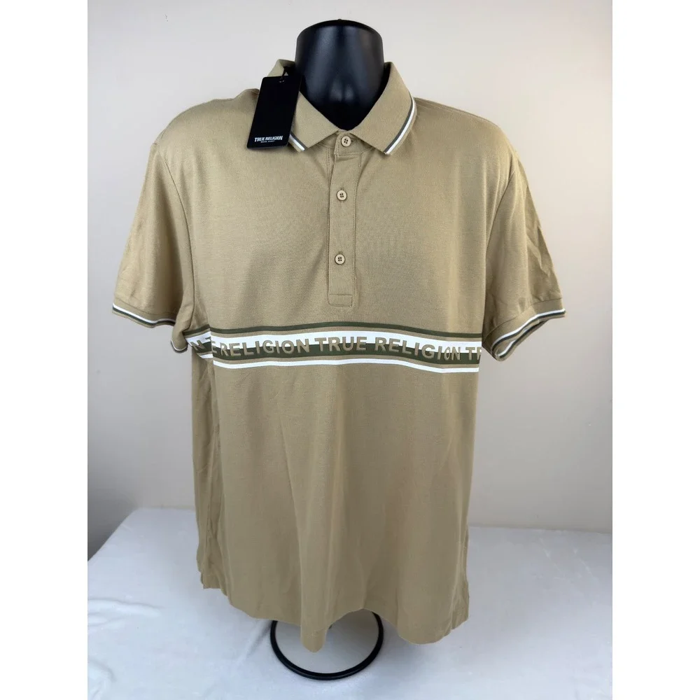 True Religion Mens Stripe HD Relaxed Polo Travertine Tan Logo Shirt 700421 New